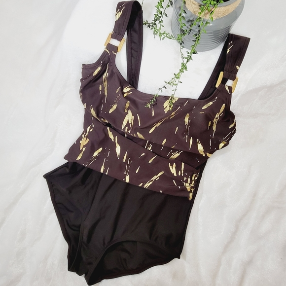 Silhouette Solution Brown 1Piece Swimsuit w/Gold Metallic Detailing size 14D - Picture 3 of 6